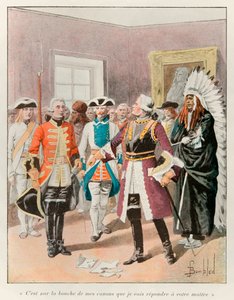 Louis de Frontenac (1622-1698) empfängt den englischen Gesandten, der ihn auffordert, die Stadt Quebec kampflos zu übergeben, und antwortet ihm: „Durch das Mündungsfeuer meiner Kanonen werde ich Ihrem Herrn antworten“; Histoire de la von Louis Charles Bombled