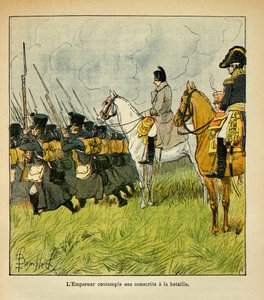 Illustration von Louis Bombled aus dem Buch „Das Memorial von Saint Helene“ von Graf Emmanuel de Las Cases: Kaiser Napoleon betrachtet seine Rekruten während einer Schlacht, Private Sammlung