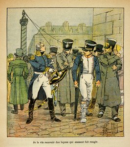 Illustration von Louis Bombled aus dem Buch „Das Memorial von Saint Helene“ von Graf Emmanuel de Las Cases: Ein ehemaliger Offizier Napoleons ruft unter der Restauration ehemalige Rekruten auf, das Kaiserreich abzulehnen, Teilsammlung
