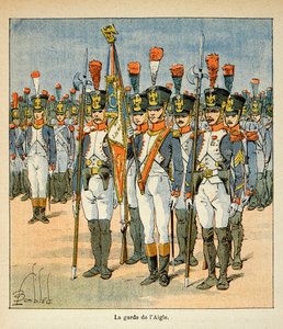 Illustration von Louis Bombled aus dem Buch „Das Memorial von Saint Helene“ von Graf Emmanuel de Las Cases: Die Wache des Adlers (von Napoleon geschaffen, um die Flagge zu schützen), Private Sammlung von Louis Charles Bombled