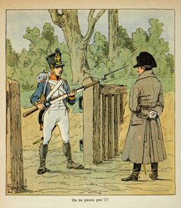 Illustration von Louis Bombled aus dem Buch „Das Memorial von Saint Helene“ von Graf Emmanuel de Las Cases: Napoleon besucht bestimmte Posten am Vorabend einer Schlacht, aufgehalten von einer Wache, Private Sammlung