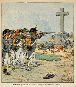 Illustration von Louis Bombled aus dem Buch „Das Memorial von Saint Helene“ von Graf Emmanuel de Las Cases: Schusswechsel der Chouans während des Vendée-Krieges, Private Sammlung