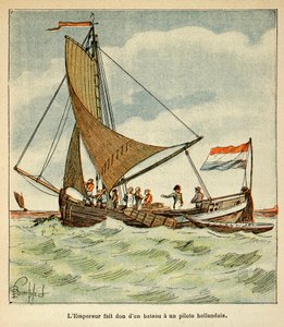 Illustration von Louis Bombled (1862-1927) aus dem Buch „Das Memorial von St. Helena“ von Graf Emmanuel de Las Cases (1766-1842): Napoleon schenkt einem niederländischen Piloten während seines Besuchs in Holland ein Boot