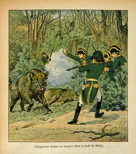 Illustration aus dem Buch „The Memorial of Saint Helene“ von Graf Emmanuel de Las Cases: Der Kaiser Napoleon jagt den Eber im Wald von Marly von Louis Charles Bombled