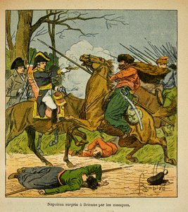 Illustration von Louis Bombled (1862-1927) aus dem Buch „Das Memorial von Saint Helena“ von Graf Emmanuel de Las Cases (1766-1842): Napoleon wird in Brienne von Kosaken überrascht, Privatbesitz von Louis Charles Bombled