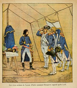 Illustration von Louis Bombled aus dem Buch „Das Memorial von Saint Helene“ von Graf Emmanuel de Las Cases: Die alten Soldaten der italienischen Armee ernannten Bonaparte nach der Schlacht von Lodi 1796 zum Korporal
