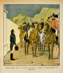Admiral Taylor mit einem Generalstab stellt sich in Longwood vor, um Kaiser Napoleon zu treffen, aus dem Buch „The Memorial of St. Helene“ von Graf Emmanuel de Las Cases