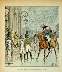 Illustration von Louis Bombled aus dem Buch „Das Memorial von Saint Helene“ von Graf Emmanuel de Las Cases: Kaiser Napoleon, König von Preußen und Zar Alexander I. beim Vertrag von Tilsit 1807