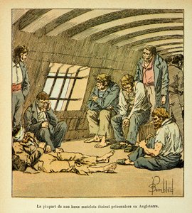 Illustration aus dem Buch „The memorial se Sainte Helene“ von Graf Emmanuel de Las Cases: Französische Gefangene auf den englischen Pontons