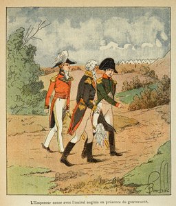 Illustration von Louis Bombled aus dem Buch „Das Memorial von Saint Helene“ von Graf Emmanuel de Las Cases: Gespräch zwischen Napoleon, Gouverneur Hudson Lowe und dem englischen Admiral Cockburn im August 1816 in St. Helene, Private Sammlung
