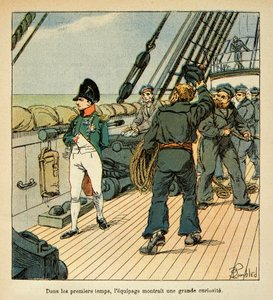 Illustration von Louis Bombled aus dem Buch „Das Memorial von Saint Helene“ von Graf Emmanuel de Las Cases: Napoleon auf dem Weg nach St. Helene an Bord der Northumberland zieht die Sympathie der Besatzung auf sich von Louis Charles Bombled