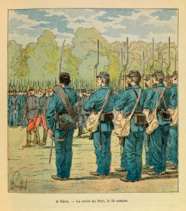 Die Armee des Ostens von Eugene Sergeant, genannt Grenest, illustriert von Louis Bombled (1862-1927) (Französisch-Deutscher Krieg; Feldzug von 1870-1871): In Dijon, das Magazin der Nationalgarde im Park am 19. Oktober