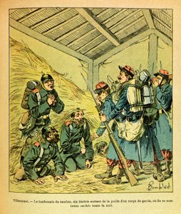 Die Ost-Armee von Eugene Sergeant, illustriert von Louis Bombled: Sechs Badois verlassen das Stroh eines Wachkorps von Louis Charles Bombled