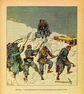 Die Armee des Ostens von Eugene Sergent, dit Grenest, illustriert von Louis Bombled (Deutsch-Französischer Krieg; Feldzug von 1870-1871): Februar 1871, La Cluse, die Verteidiger des Fort de Joux bauen eine Schneebatterie