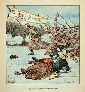 Die Armee der Loire von Eugene Sergent, illustriert von Louis Bombled (Deutsch-Französischer Krieg; Feldzug von 1870-1871): Die Päpstlichen Zuaven in der Schlacht von Loigny am 2. Dezember 1870, Privatsammlung