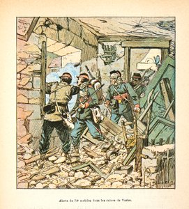 Die Armee der Loire von Eugene Sergent, genannt Grenest, illustriert von Louis Bombled (Französisch-Deutscher Krieg; Feldzug von 1870-1871): im Dezember 1870 die 74. Mobilen in den Ruinen des Dorfes Varize