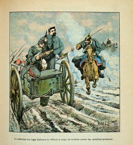 Die Armee der Loire von Eugene Sergent, genannt Grenest, illustriert von Louis Bombled (Französisch-Deutscher Krieg; Feldzug von 1870-1871): Der Marschall der Dufresne-Häuser verteidigt sich mit einem Revolver gegen die preußischen Reiter während des Rückz von Louis Charles Bombled