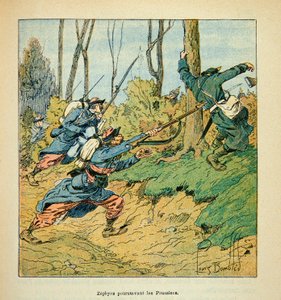 Die Armee der Loire von Eugene Sergent, genannt Grenest, illustriert von Louis Bombled (Französisch-Deutscher Krieg; Feldzug von 1870-1871): Französische Soldaten verfolgen Preußen während des Krieges von 1870 von Louis Charles Bombled