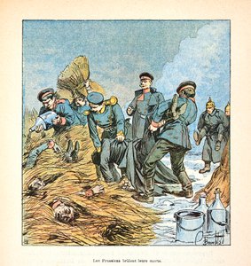 Die Armee der Loire von Eugene Sergent, genannt Grenest, illustriert von Louis Bombled (1862-1927) (Deutsch-Französischer Krieg; Feldzug von 1870-1871): Preußen verbrennen ihre Toten während des Krieges von 1870, Privatbesitz von Louis Charles Bombled
