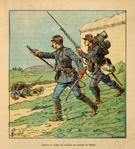 Die Armee der Loire von Eugene Sergent, genannt Grenest, illustriert von Louis Bombled (1862-1927) (Deutsch-Französischer Krieg; Feldzug von 1870-1871): Offizier und Mobiler des Cher in der Schlacht von Toury (Eure-et-Loire) am 5. Oktober 1870, Privatbesit von Louis Charles Bombled