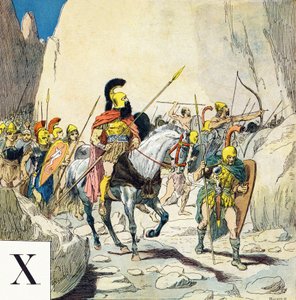 Buchstabe X: Xenophon (430-355 v. Chr.), griechischer Militärführer, und seine Armee, "Je serai soldat" - Militäralphabet von Louis Charles Bombled