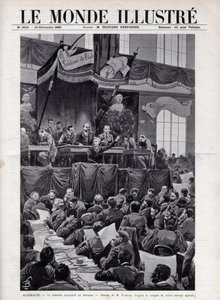 Rede von August Bebel (1840-1913) während des Sozialistenkongresses in Breslau in Deutschland im Jahr 1895 - Gravur in „Die illustrierte Welt“ von 1895 - Zeichnung von Bombled.