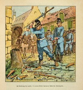 Die Armee der Loire von Eugene Sergent, genannt Grenest, illustriert von Louis Bombled (1862-1927) (Deutsch-Französischer Krieg; Feldzug von 1870-1871): Nach der Eroberung der Stadt Orléans im Oktober 1870 brach ein bayerischer Unteroffizier die Jäger. (Ge