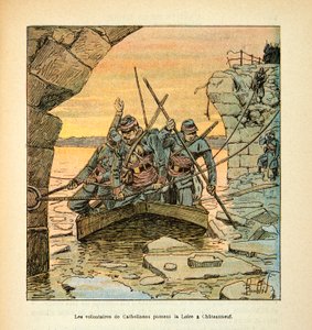 Die Armee der Loire von Eugene Sergent, genannt Grenest, illustriert von Louis Bombled (Französisch-Deutscher Krieg; Feldzug von 1870-1871): General Cathelineau, Kommandant der französisch-deutschen Schützen von Vendee, überquerte die Loire nach Chateauneu von Louis Charles Bombled