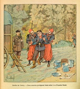 Die Ostarmee von Eugene Sergeant, genannt Grenest, illustriert von Louis Bombled (1862-1927) (Deutsch-Französischer Krieg; Feldzug von 1870-1871): Schlacht von Cussey, Oktober 1870, zwei Zouaven versorgen einen verwundeten Preußen, Sammlung Teilweise von Louis Charles Bombled