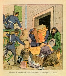 Die östliche Armee von Eugene Sergeant, genannt Grenest, illustriert von Louis Bombled (1862-1927) (Französisch-Deutscher Krieg; Feldzug von 1870-1871): Die Frauen, die der deutschen Armee folgten, halfen den Soldaten, die Stadt Cussey nach der Einnahme im von Louis Charles Bombled