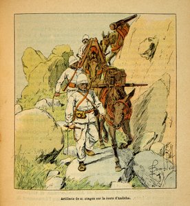 Der Krieg in Madagaskar - Anekdotische Geschichte der französischen Expeditionen von 1885-1895 von Henri Galli dit Galllichet (1854-1922), illustriert von Louis Bombled (1862-1927): Gebirgsartillerie auf der Andriba-Straße nach Madagaskar im Jahr 1895, Pri