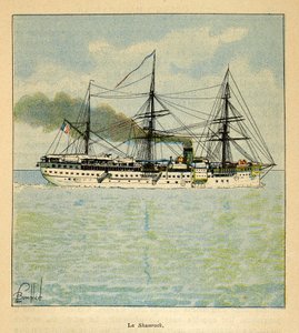 Der Krieg in Madagaskar - Anekdotische Geschichte der französischen Expeditionen von 1885-1895 von Henri Galli dit Galllichet, illustriert von Louis Bombled: Das Hospitalschiff „Shamrock“ auf dem Weg nach Madagaskar von Louis Charles Bombled