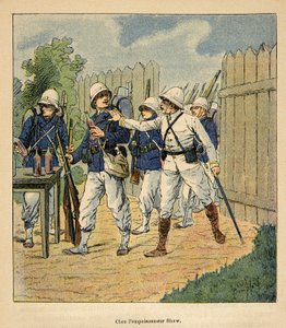 Der Krieg in Madagaskar - Anekdotische Geschichte der französischen Expeditionen von 1885-1895 von Henri Galli dit Galllichet, illustriert von Louis Bombled: Französische Truppen beim Giftmischer Shaw im Jahr 1884
