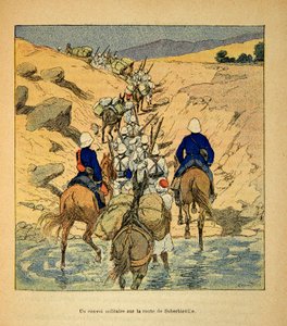 Der Krieg in Madagaskar - Anekdotische Geschichte der französischen Expeditionen von 1885-1895 von Henri Galli dit Galllichet, illustriert von Louis Bombled: Ein Militärkonvoi auf dem Weg nach Suberbieville 1895