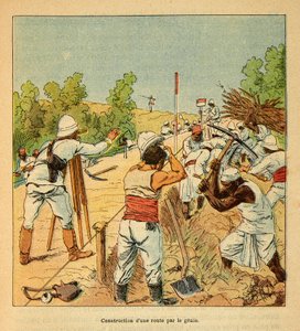Der Krieg in Madagaskar - Anekdotische Geschichte der französischen Expeditionen von 1885-1895 von Henri Galli dit Galllichet, illustriert von Louis Bombled: Bau einer Straße in Madagaskar durch Genie 1895