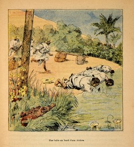 Der Krieg in Madagaskar - Anekdotische Geschichte der französischen Expeditionen von 1885-1895 von Henri Galli dit Galllichet (1854-1922), illustriert von Louis Bombled (1862-1927): Eine Pause am Fluss im Jahr 1895, Privatbesitz