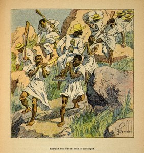 Der Krieg in Madagaskar - Anekdotische Geschichte der französischen Expeditionen von 1885-1895 von Henri Galli dit Galllichet (1854-1922), illustriert von Louis Bombled (1862-1927): Rückzug der Hovas-Truppen in den Bergen, Privatbesitz
