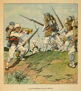 Der Krieg in Madagaskar - Anekdotische Geschichte der französischen Expeditionen von 1885-1895 von Henri Galli dit Galllichet (1854-1922), illustriert von Louis Bombled (1862-1927): Die 40. Fußjäger während der Kämpfe in Beritza im Jahr 1895, Privatbesitz von Louis Charles Bombled