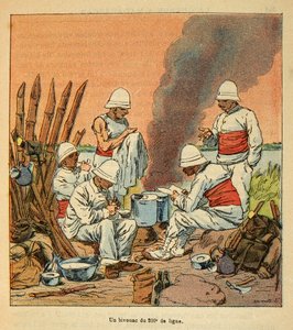 Der Krieg in Madagaskar - Anekdotische Geschichte der französischen Expeditionen von 1885-1895 von Henri Galli dit Galllichet (1854-1922), illustriert von Louis Bombled (1862-1927): Ein Biwak der 200. Linie in Madagaskar im Jahr 1895, Privatbesitz von Louis Charles Bombled