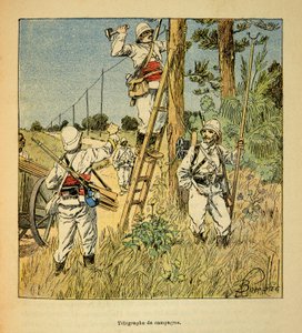 Der Krieg in Madagaskar - Anekdotische Geschichte der französischen Expeditionen von 1885-1895 von Henri Galli dit Galllichet, illustriert von Louis Bombled: Einrichtung des Feldtelegraphen durch das Militär in Madagaskar im Jahr 1895