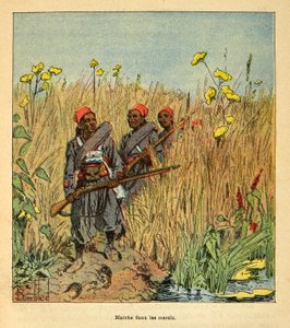 Der Krieg in Madagaskar - Anekdotische Geschichte der französischen Expeditionen von 1885-1895 von Henri Galli dit Galllichet (1854-1922), illustriert von Louis Bombled (1862-1927): Französische Truppen auf Expedition in den Sümpfen von Madagaskar im Jahr  von Louis Charles Bombled