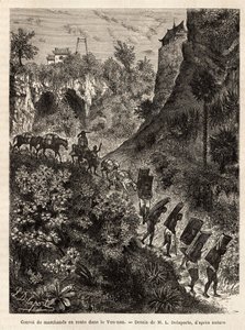 Ein Konvoi von Händlern und ihren Trägern auf dem Weg nach Yunnan (China), graviert nach der Zeichnung von L. Delaporte, zur Illustration der Entdeckungsreise in Indochina von Francis Garnier, Schiffslieutenant, 1866-1868, veröffentlicht in „Le tour du mon