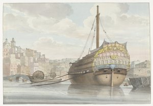 Ansicht des Hafens mit Galeerenschiff in der Nähe der Werft (Voyage en Italie, en Sicile et à Malte - 1778)