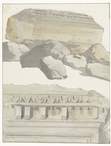 Zwei Stücke eines Architravs des antiken Tempels in der alten Stadt Manduria von Louis Ducros