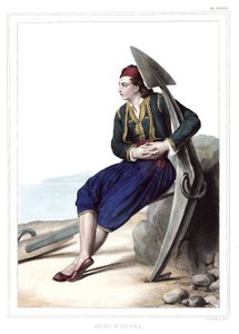 Grieche von Hidra. in "Reise nach Athen und Konstantinopel, oder Sammlung griechischer und osmanischer Porträts, Ansichten und Kostüme, vor Ort gemalt, lithographiert und koloriert von Louis Dupre (1789-1837), Schüler von David. 1825." von Louis Dupré