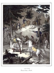Der Pindos, Durchquerung von Janina nach Trikala. in "Reise nach Athen und Konstantinopel, oder Sammlung griechischer und osmanischer Porträts, Ansichten und Kostüme, vor Ort gemalt, lithographiert und koloriert von Louis Dupre (1789-1837), veröffentlicht  von Louis Dupré