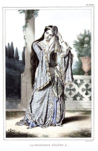 Prinzessin Helene Soutzo. in „Reise nach Athen und Konstantinopel, oder Sammlung griechischer und osmanischer Porträts, Ansichten und Kostüme, nach der Natur gemalt, lithographiert und koloriert von Louis Dupre (1789-1837), Schüler von David.1825.