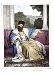 Der Prinz von Moldawien, Michael Soutzo (1729-1830). in „Reise nach Athen und Konstantinopel, oder Sammlung griechischer und osmanischer Porträts, Ansichten und Kostüme, nach der Natur gemalt, lithographiert und koloriert von Louis Dupre (1789-1837), Schül von Louis Dupré