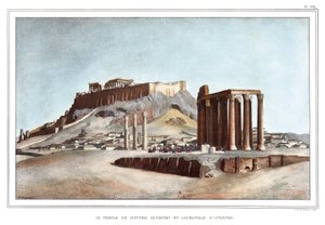 Der Tempel des Olympischen Jupiter und die Akropolis von Athen. in "Reise nach Athen und Konstantinopel, oder Sammlung griechischer und osmanischer Porträts, Ansichten und Kostüme, vor Ort gemalt, lithographiert und koloriert von Louis Dupre (1789-1837), v von Louis Dupré