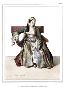 Eine griechische Dame aus Livadie. in „Reise nach Athen und Konstantinopel, oder Sammlung griechischer und osmanischer Porträts, Ansichten und Kostüme, vor Ort nach der Natur gemalt, lithografiert und koloriert von Louis Dupre (1789-1837), Schüler von Dav von Louis Dupré